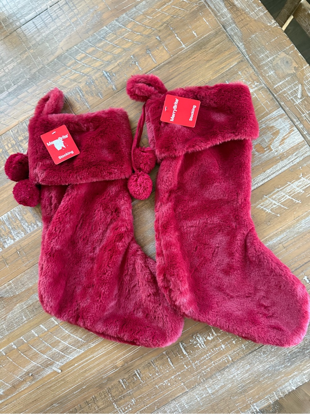 A Pair of Faux Fur Solid Plush Red Christmas Stockings w Matching Pom Poms